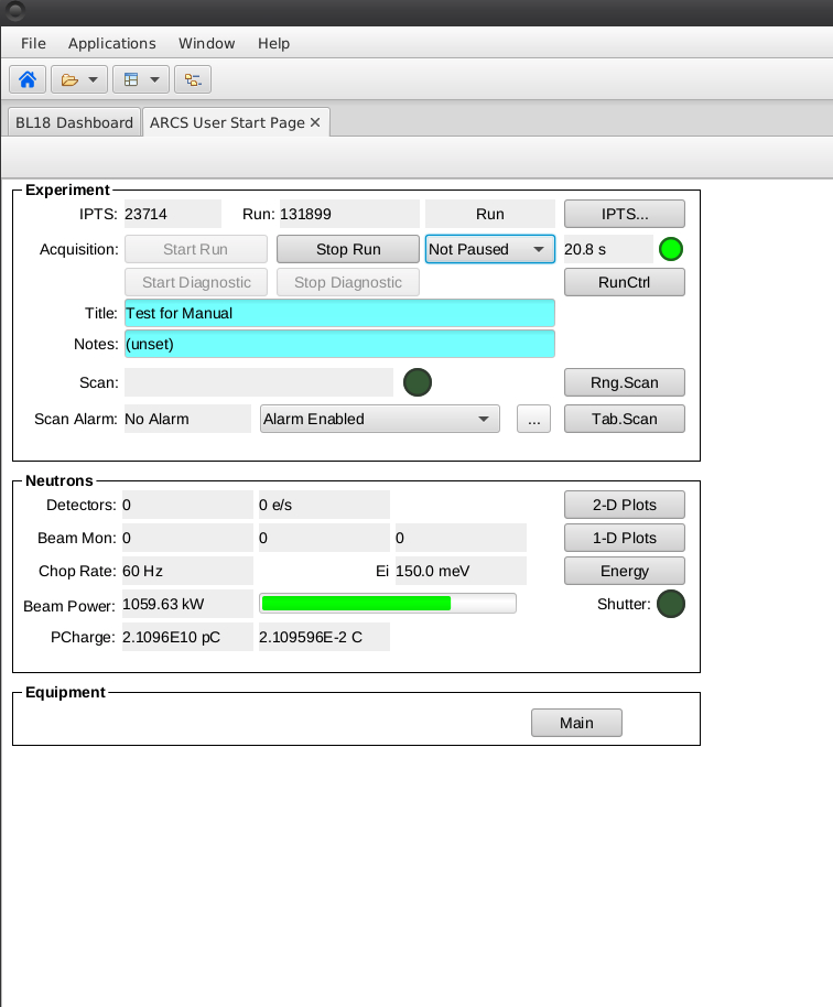 User control window in the running condition